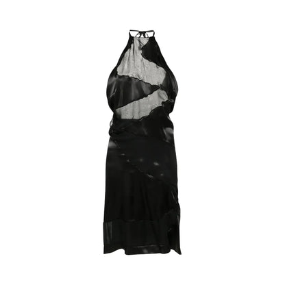FEBEN Womens Spiral Knee Length Dress Black Silk Sleeveless Tie Halter 40 RRP785