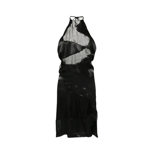 FEBEN Womens Spiral Knee Length Dress Black Silk Sleeveless Tie Halter 40 RRP785