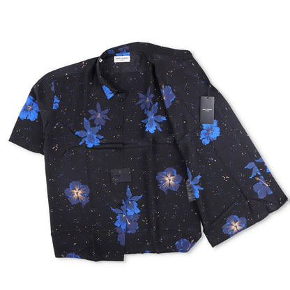 SAINT LAURENT Mens Shirt Silk Print Button-Up Black Short Sleeve Size 37 RRP 950 — View 5