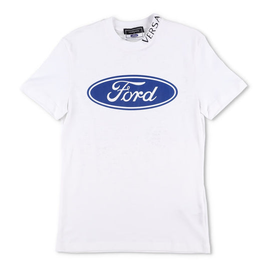 VERSACE Womens T-Shirt Large Ford Logo White Cotton Crew Neck Size XS RRP 200