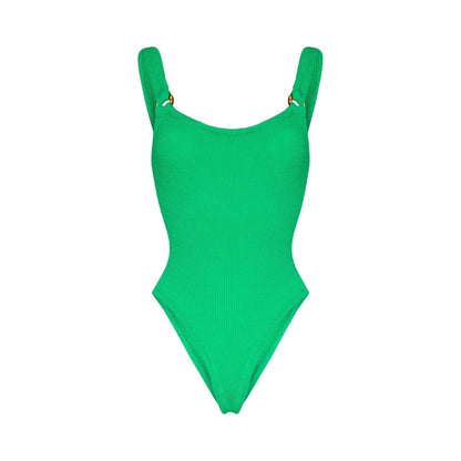 HUNZA G Womens Domino Swimdress Emerald Green Crinkle One Piece One Size RRP 150