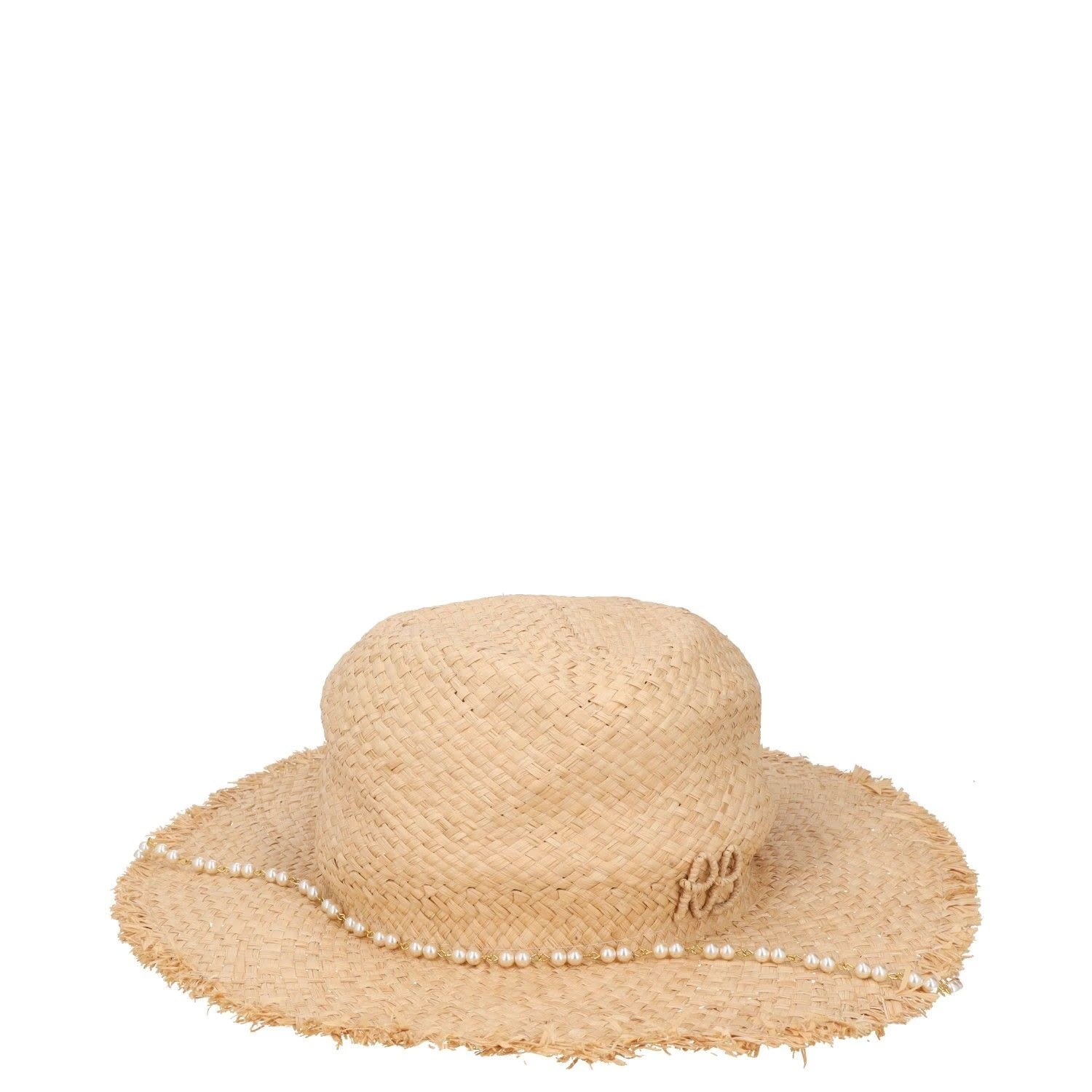 RUSLAN BAGINSKIY Womens Pearl Chain Frayed Fedora Hat Straw Beige Size S RRP 360