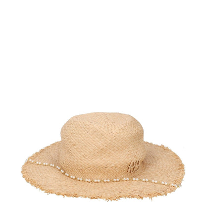 RUSLAN BAGINSKIY Womens Pearl Chain Frayed Fedora Hat Straw Beige Size S RRP 360
