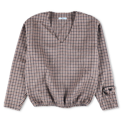 PRADA Womens Blouse V-Neck Long Sleece Check Pattern Brown Size 44 RRP 2830