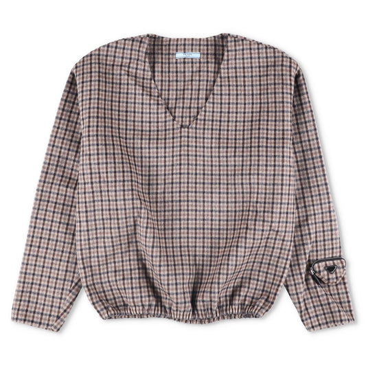 PRADA Womens Blouse V-Neck Long Sleece Check Pattern Brown Size 44 RRP 2830
