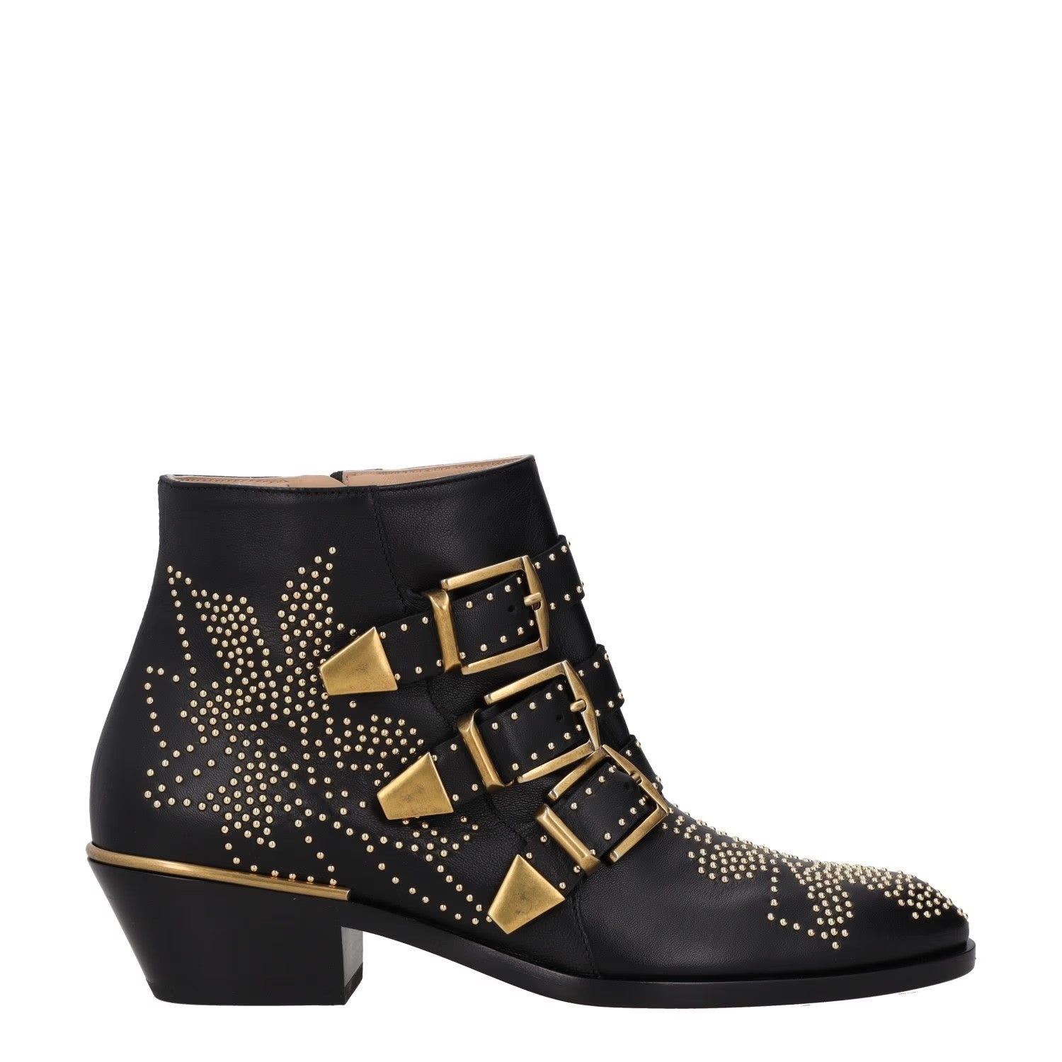 CHLOE Womens Bootie Gold Studded Buckle Black Leather Wedge Heel UK 3 RRP 1000