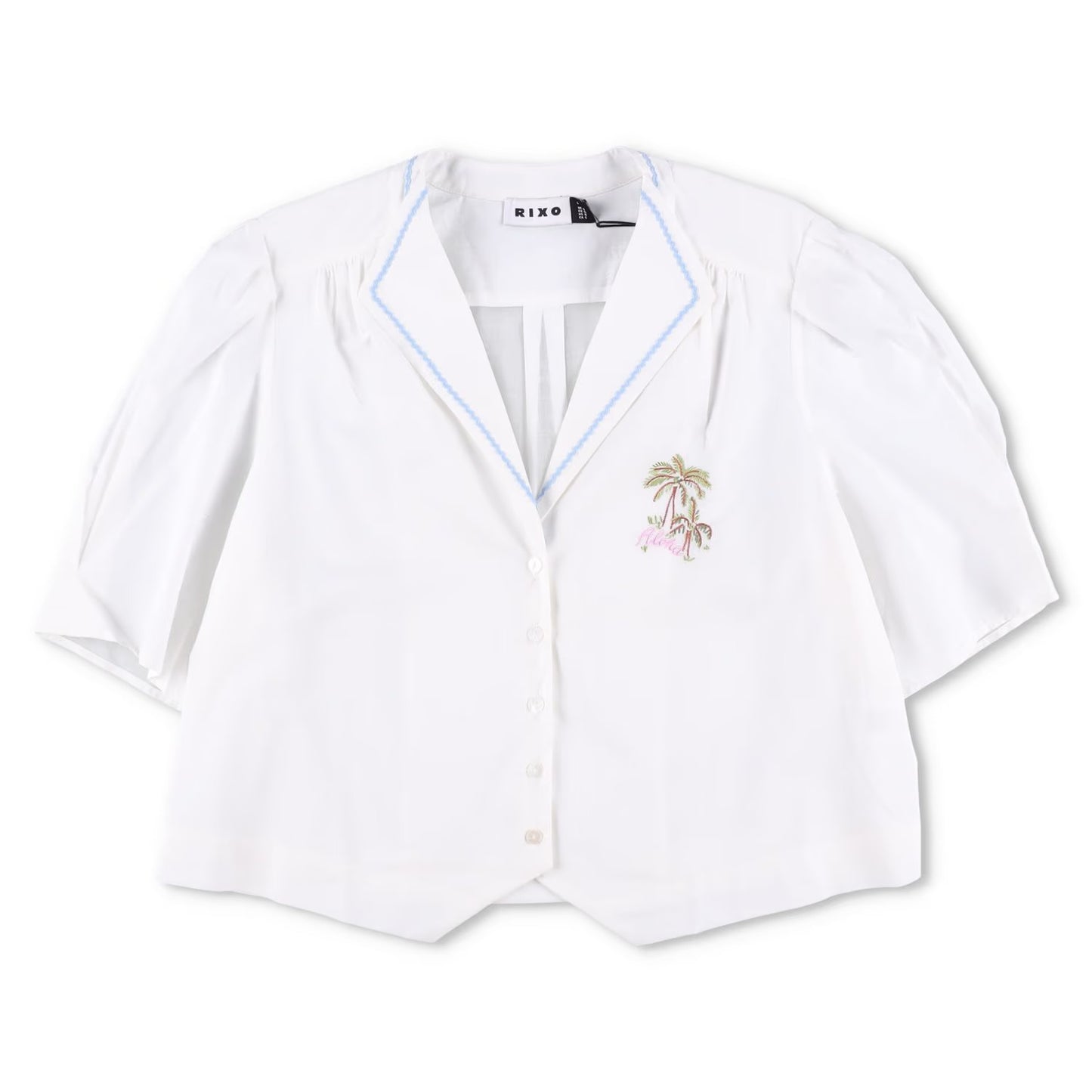 RIXO Womens Ravello Blouse Collared Palm Embroidered Short Puff Sleeve 14 RRP175