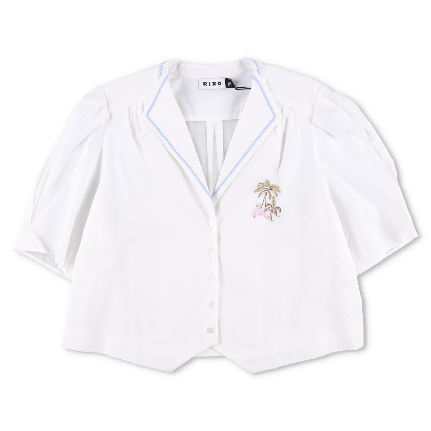 RIXO Womens Ravello Blouse Collared Palm Embroidered Short Puff Sleeve 14 RRP175