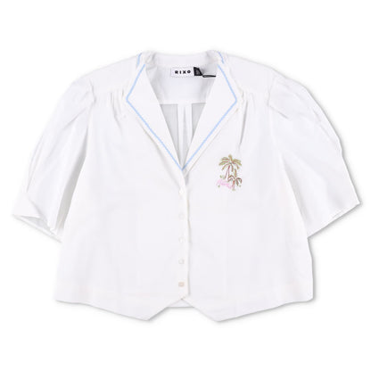 RIXO Womens Ravello Blouse Collared Palm Embroidered Short Puff Sleeve 14 RRP175