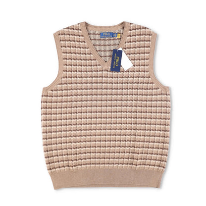 POLO Mens Knit Vest Beige Brown Check Pattern V-Neck Sleeveless Size M RRP 145 — View 6