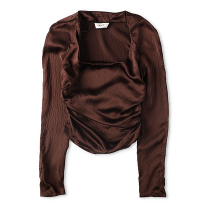 ELLEME Womens Scoop Neck Lomng Sleeve Knot Gathered Top Brown 34 RRP 385
