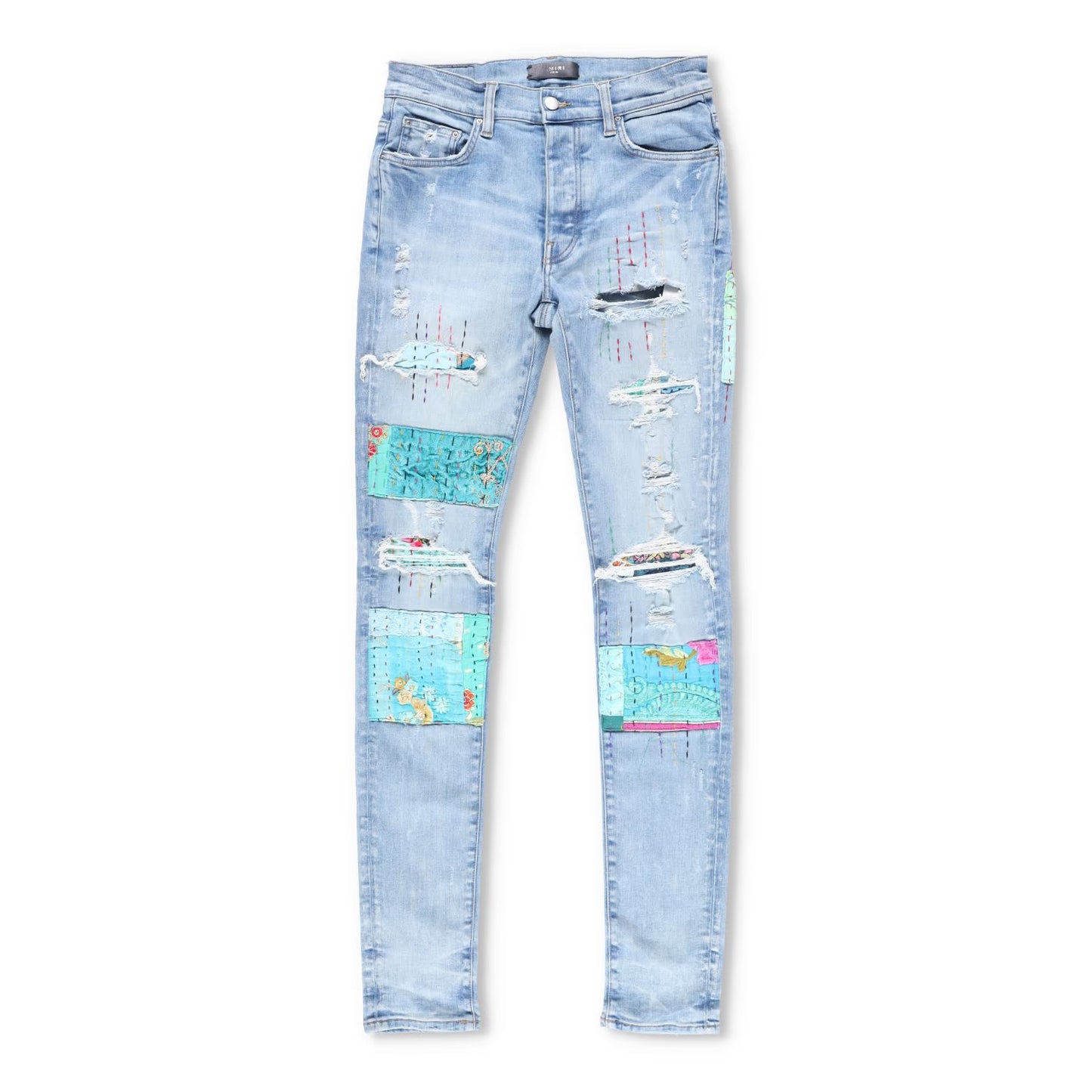 AMIRI Mens Skinny Jeans Blue Cotton Denim Embroidered Light Distressed 30 RRP890