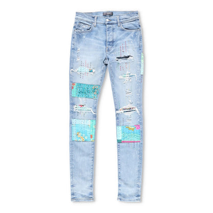 AMIRI Mens Skinny Jeans Blue Cotton Denim Embroidered Light Distressed 30 RRP890