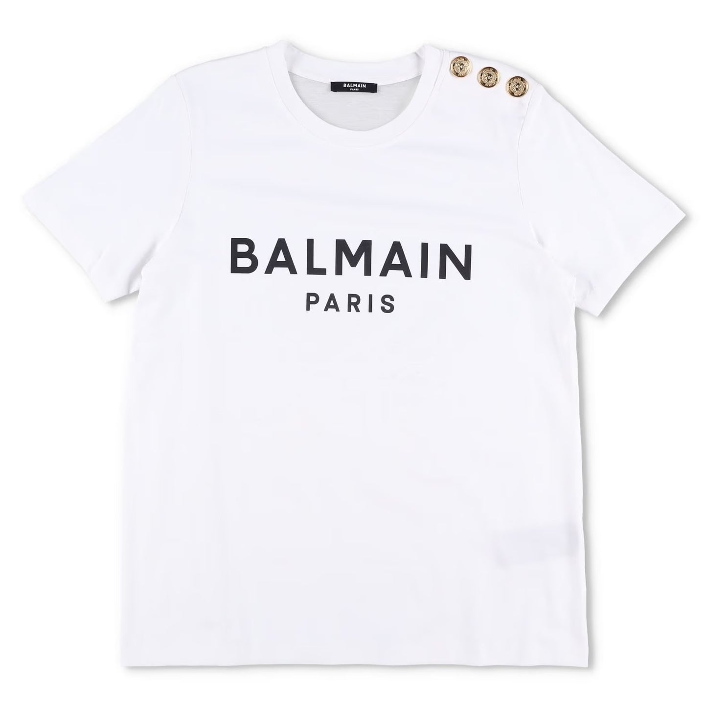 BALMAIN Women T-Shirt Crew Neck Short Sleeve Logo 3 Button Cotton White M RRP395