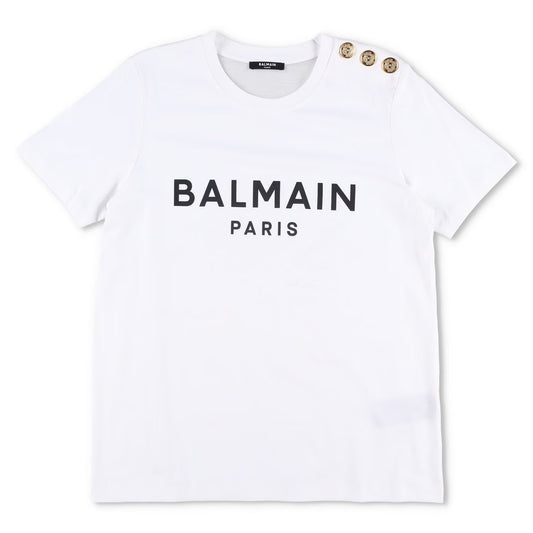 BALMAIN Women T-Shirt Crew Neck Short Sleeve Logo 3 Button Cotton White M RRP395