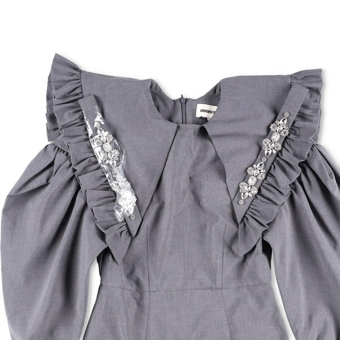 SHUSHU TONG Womens Dress Grey High Neck Puff Sleeve Knee Length Zip 8 RRP 500 — View 2