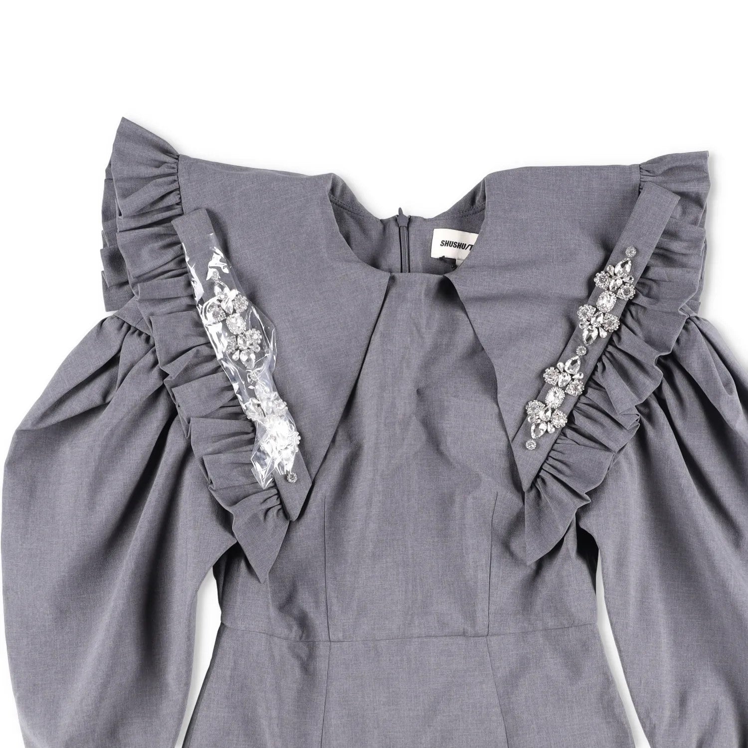 SHUSHU TONG Womens Dress Grey High Neck Puff Sleeve Knee Length Zip 8 RRP 500 — View 2