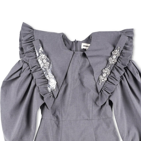 SHUSHU TONG Womens Dress Grey High Neck Puff Sleeve Knee Length Zip 8 RRP 500 — View 2