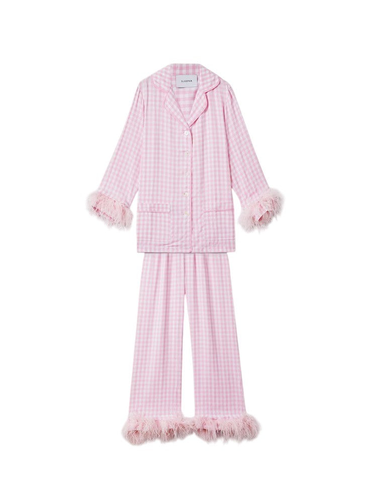 SLEEPER Womens Pink Check Viscose Pyjama Set Button Long Sleeve XS RRP 330