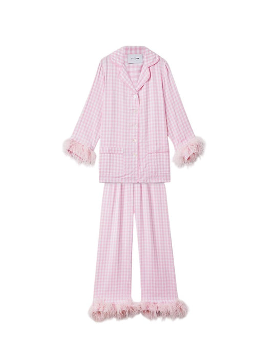 SLEEPER Womens Pink Check Viscose Pyjama Set Button Long Sleeve XS RRP 330