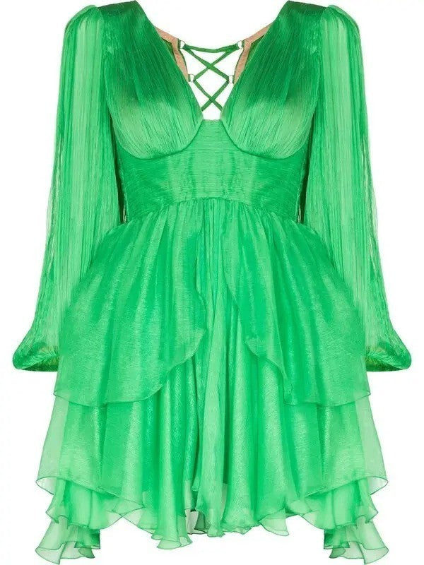 MARIA LUCIA HOHAN Lilo Green Ruffle Silk Mini Dress Size 34 RRP1850