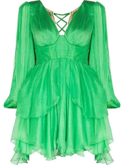 MARIA LUCIA HOHAN Lilo Green Ruffle Silk Mini Dress Size 34 RRP1850