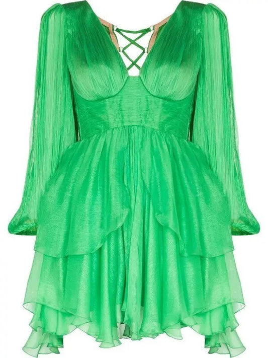 MARIA LUCIA HOHAN Lilo Green Ruffle Silk Mini Dress Size 34 RRP1850