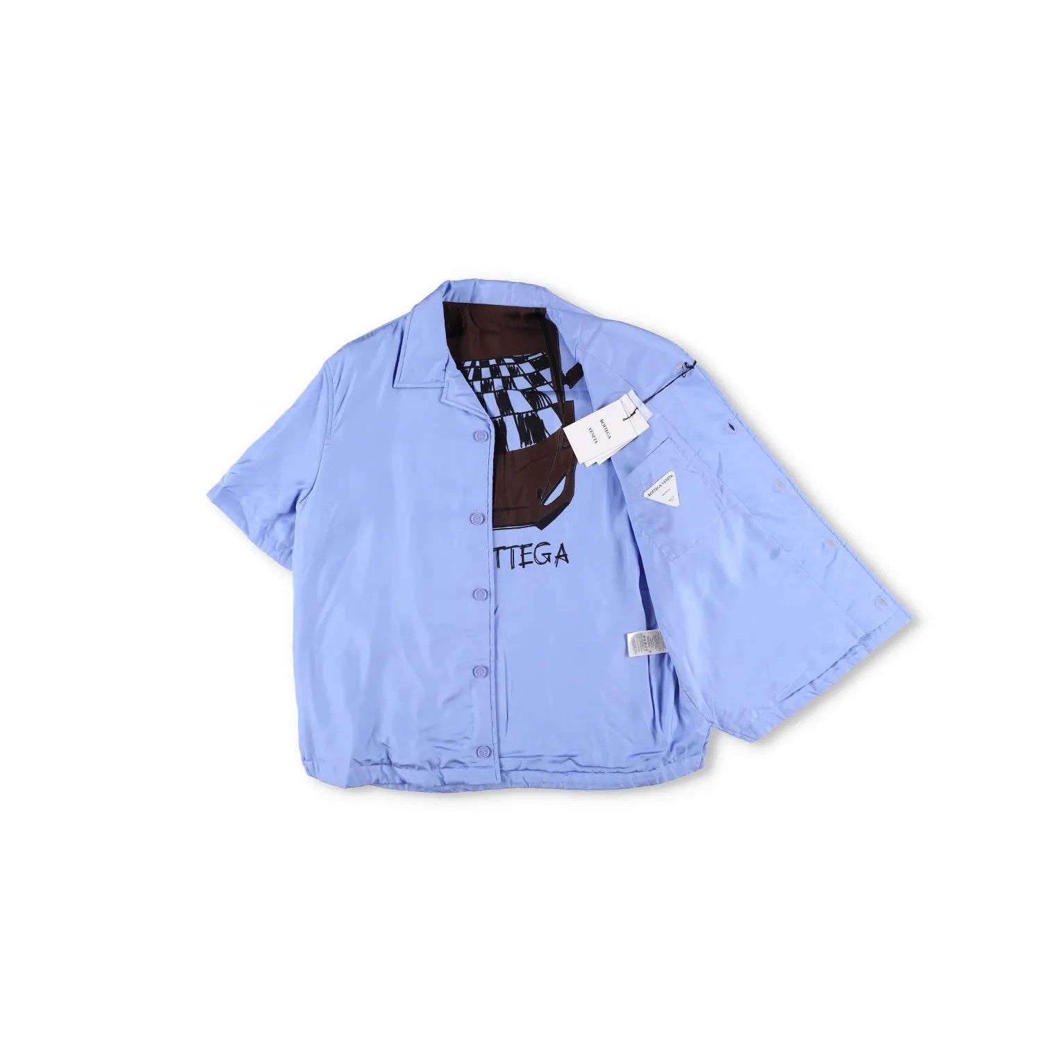 BOTTEGA Men Button Up Shirt Blue Short Sleeve Satin Regular Polyester 48 RRP1250 — View 6