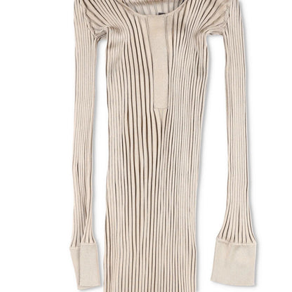 BOTTEGA VENETA Womens Maxi Dress Silk Beige Striped Long Sleeve Scoop 38 RRP1800 — View 3
