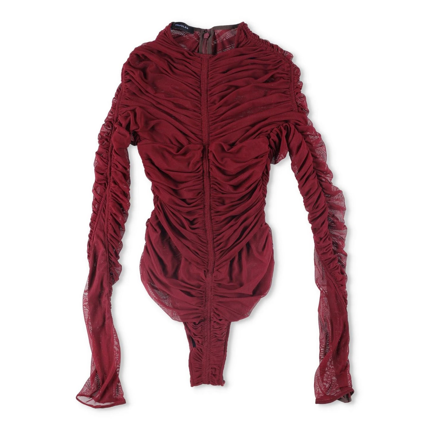 MUGLER Womens Bodysuit Crew Neck Long Sleeve Red Mesh Sheer Ruched 34 RRP 425 — View 2