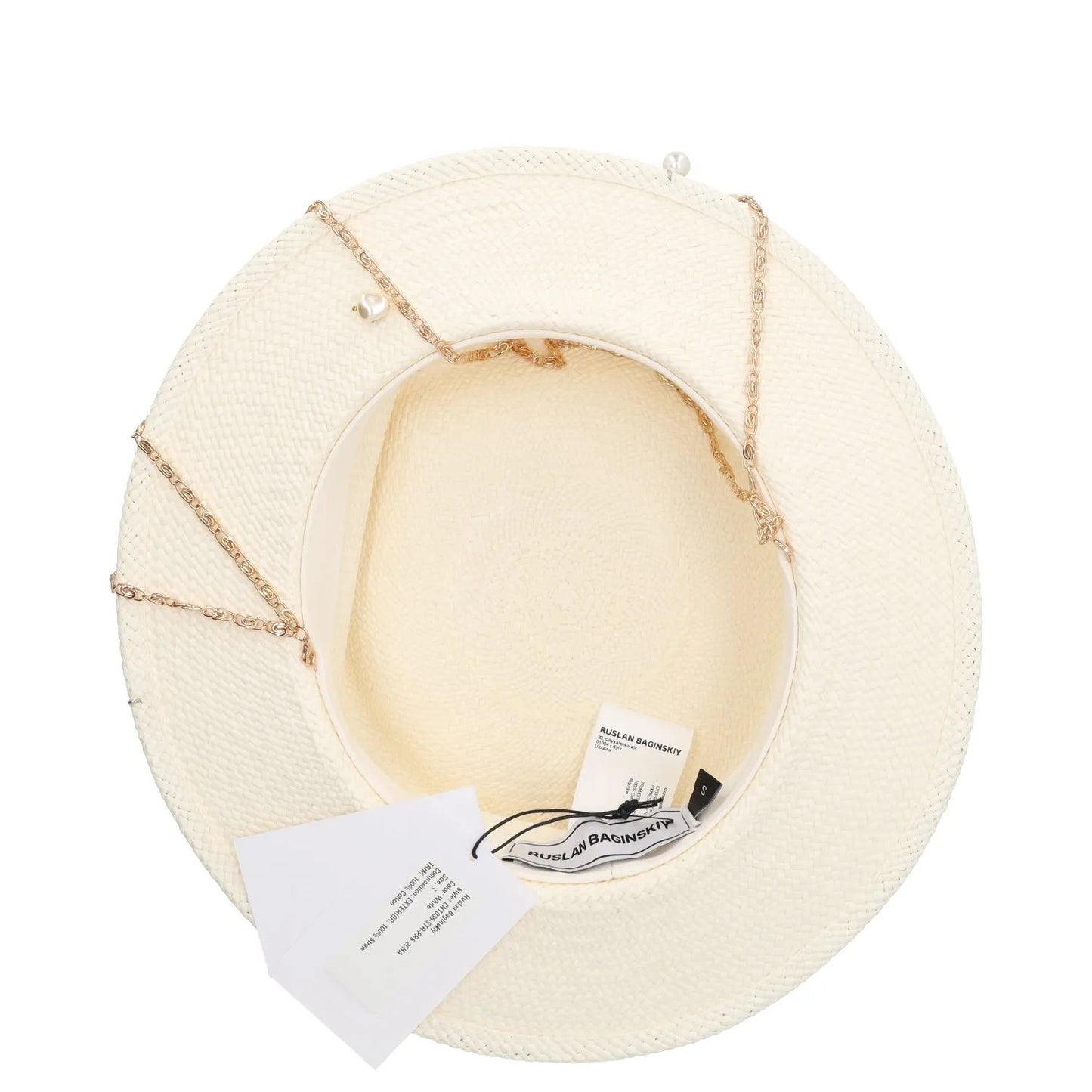 RUSLAN BAGINSKIY Womens Straw Boater Hat White Chain Buttn Size S RRP 430 — View 8