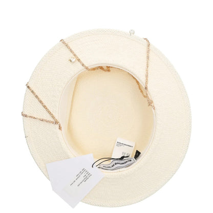 RUSLAN BAGINSKIY Womens Straw Boater Hat White Chain Buttn Size S RRP 430 — View 8