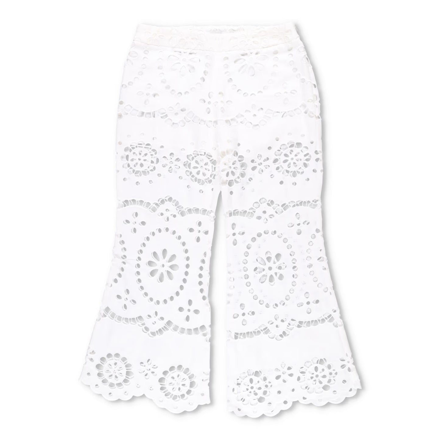 ZIMMERMANN Women Lexi Embroidered Wide Leg Trousers Ivory White Cotton 2 RRP 650