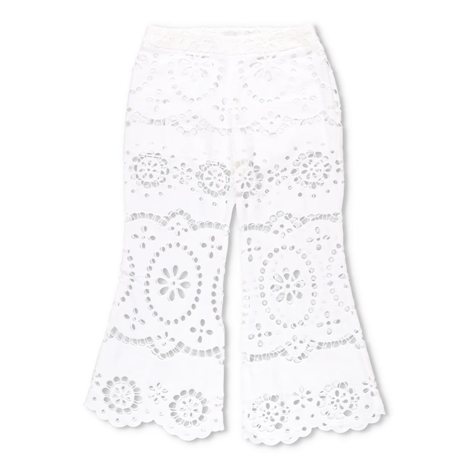 ZIMMERMANN Women Lexi Embroidered Wide Leg Trousers Ivory White Cotton 2 RRP 650