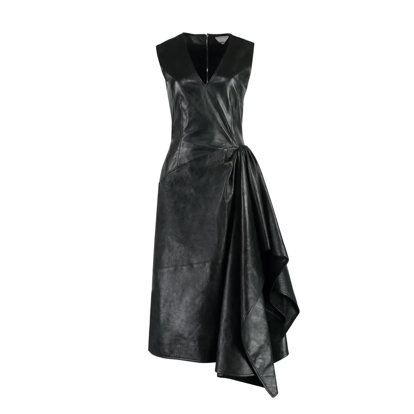 BOTTEGA VENETA Womens Midi Dress Sleeveless Side Drop Leather Black 42 RRP 5200