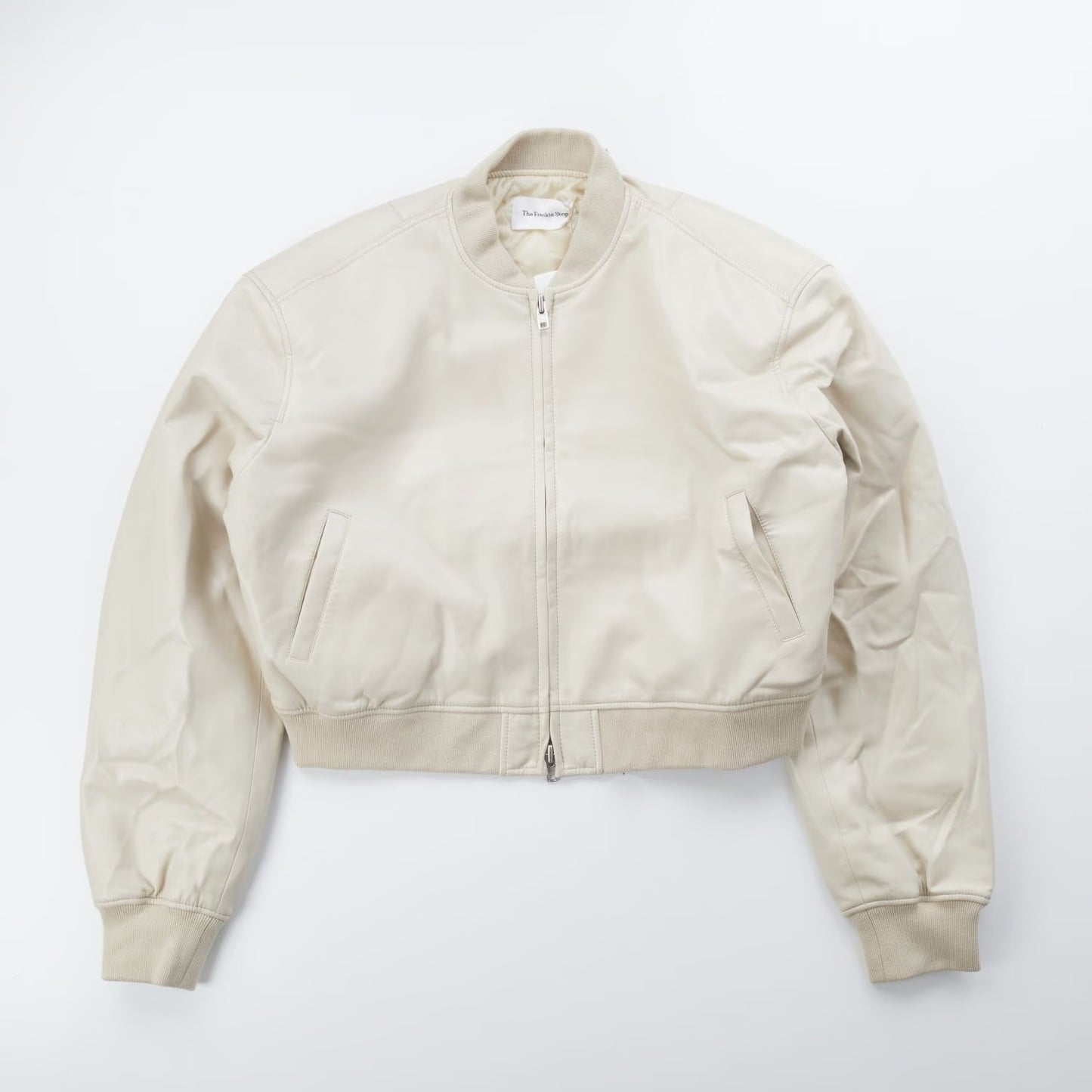FRANKIE SHOP Womens Micky Zip Faux Leather Cropped Bomber Jacket Cream XL RRP370