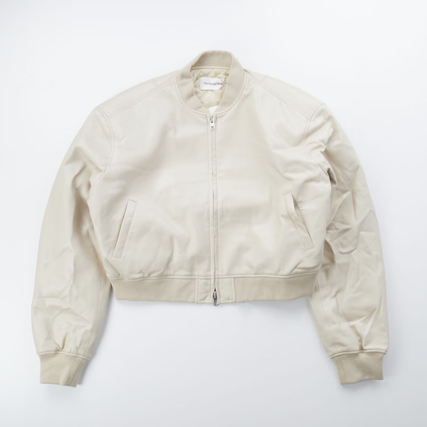 FRANKIE SHOP Womens Micky Zip Faux Leather Cropped Bomber Jacket Cream XL RRP370