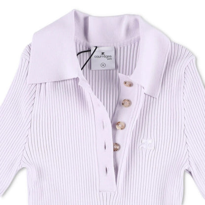 COURREGES Womens Rib Knit Polo Basic Blouse Purple Collared Buttoned S RRP 440 — View 6