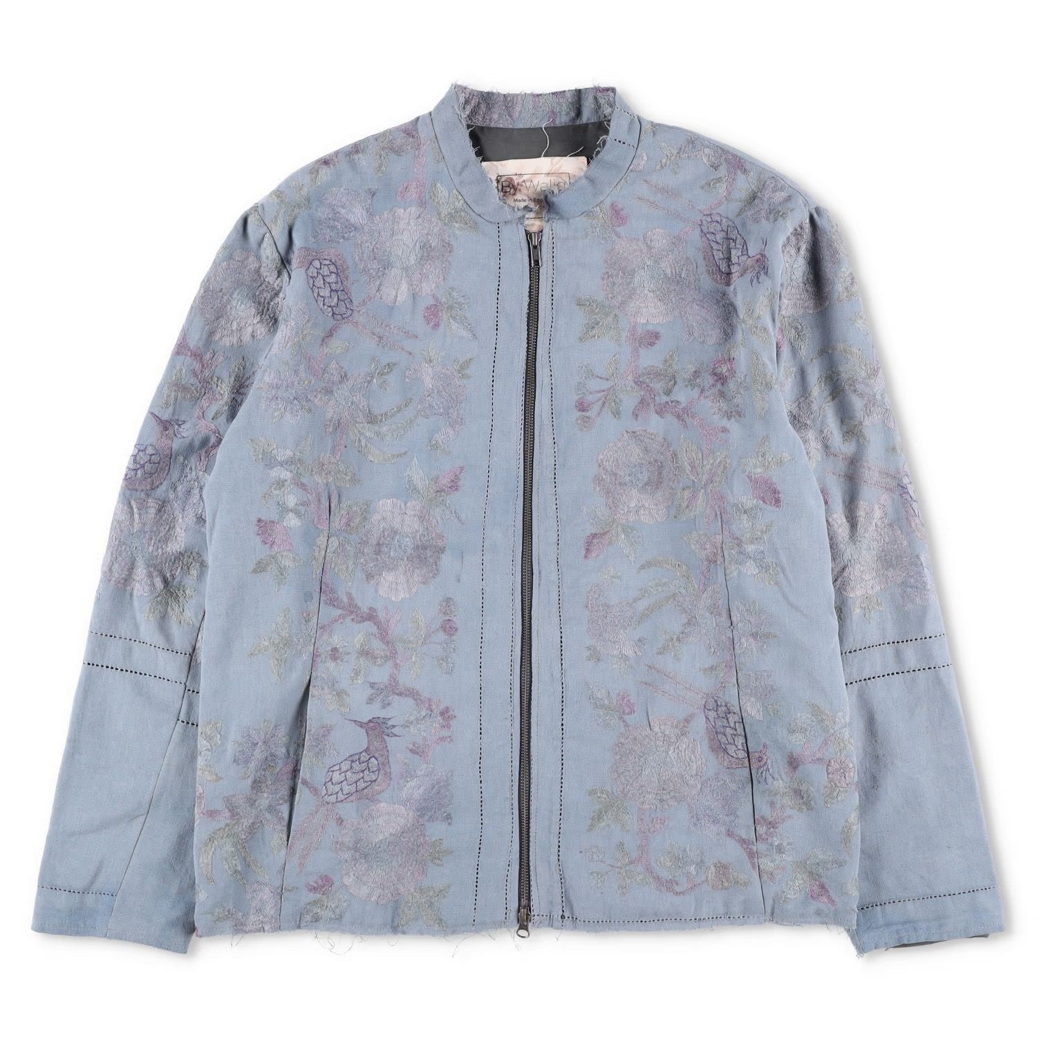 BY WALID Mens Bomber Jacket Blue Cotton Embroider Floral Band Collar XL RRP 1500