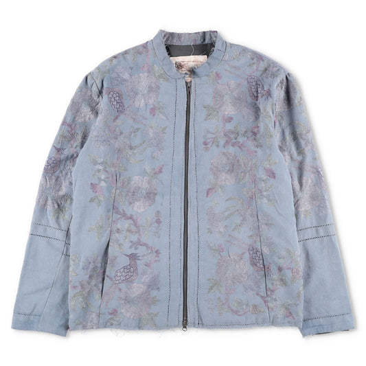 BY WALID Mens Bomber Jacket Blue Cotton Embroider Floral Band Collar XL RRP 1500