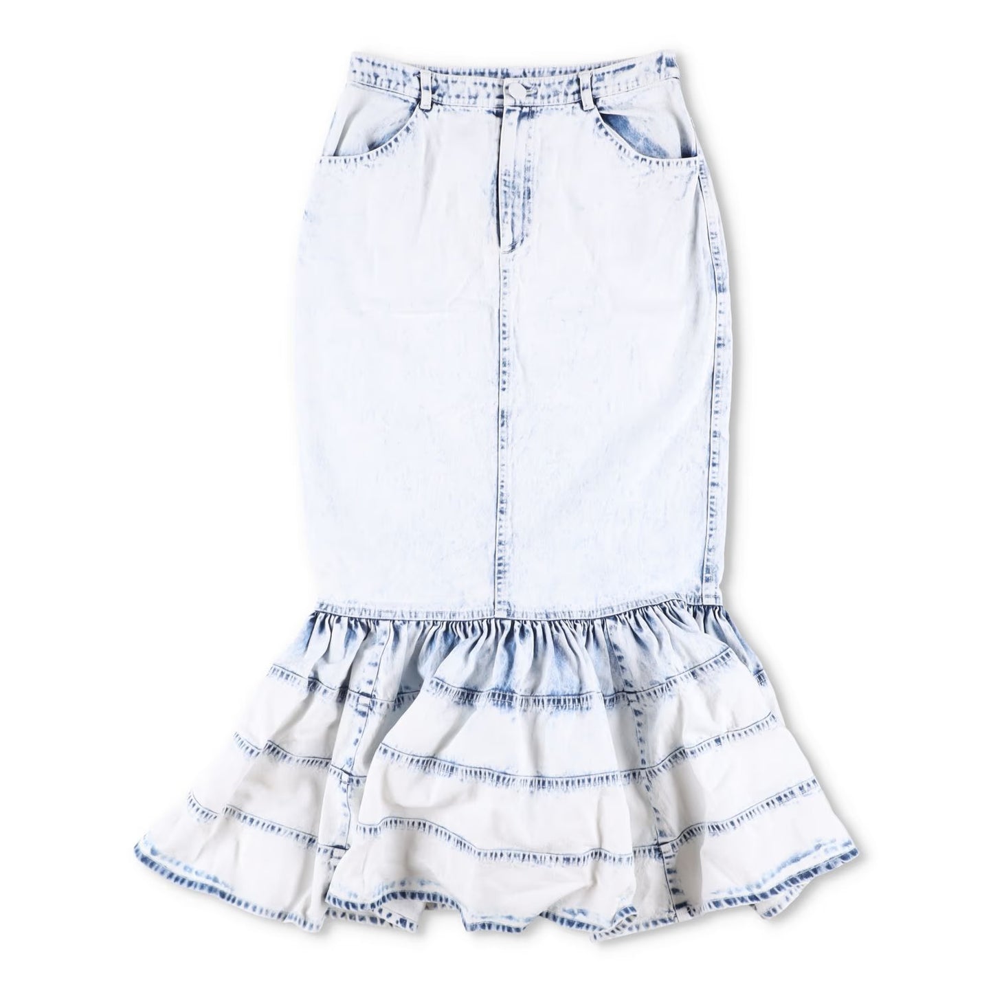 HUISHAN ZHANG Womens Noelani Midi Skirt Denim Peplum Hem Washed Blue 8 RRP 895