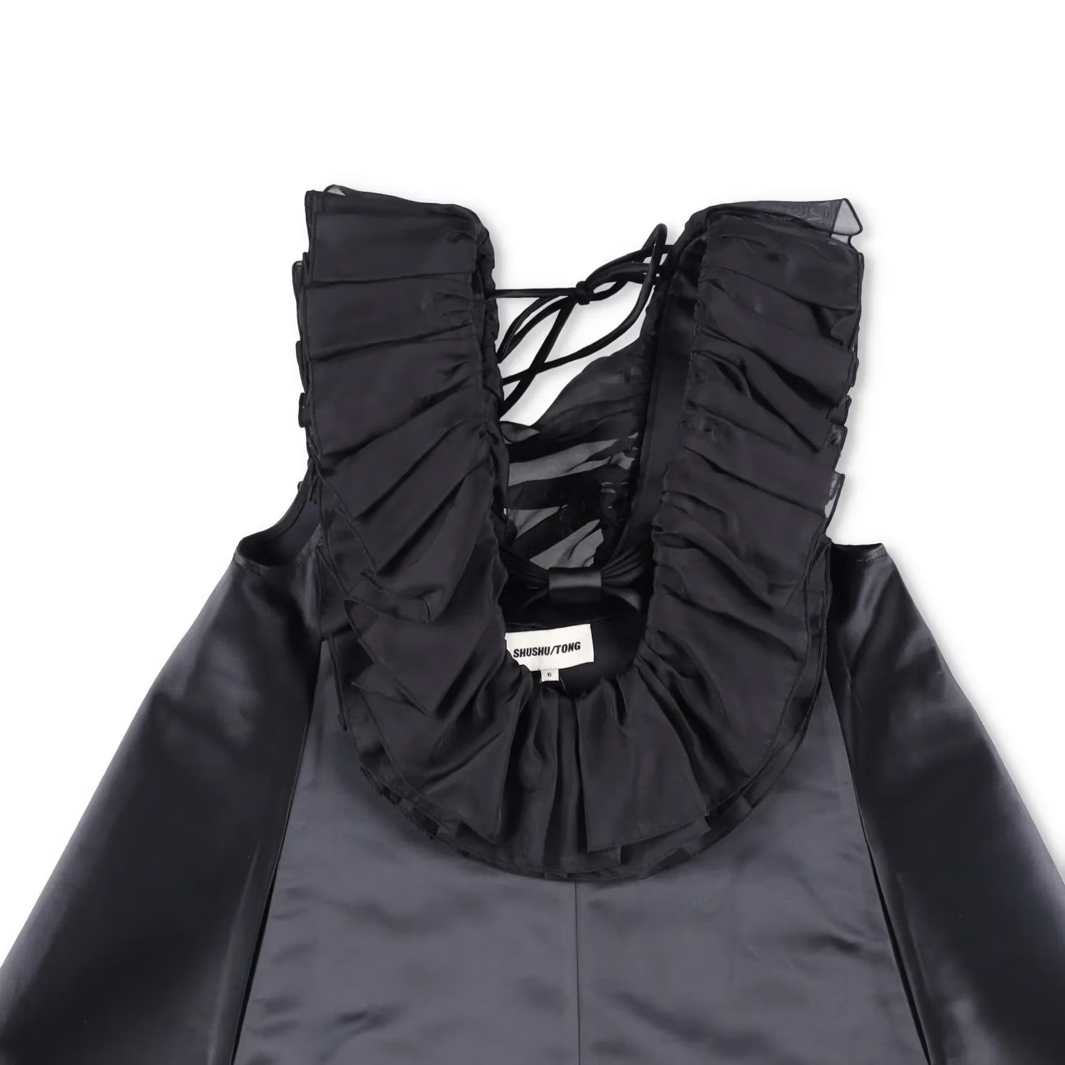 Shushu-Tong Womens Dress Mini Black Satin Ruffle Tie Sleeveless Round 6 RRP 800 — View 2