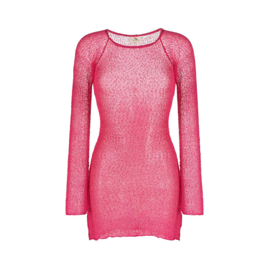 AMBRA MADDALENA Womens Andy Mini Dress Pink Sheer Long Sleeve Boat Neck L RRP135