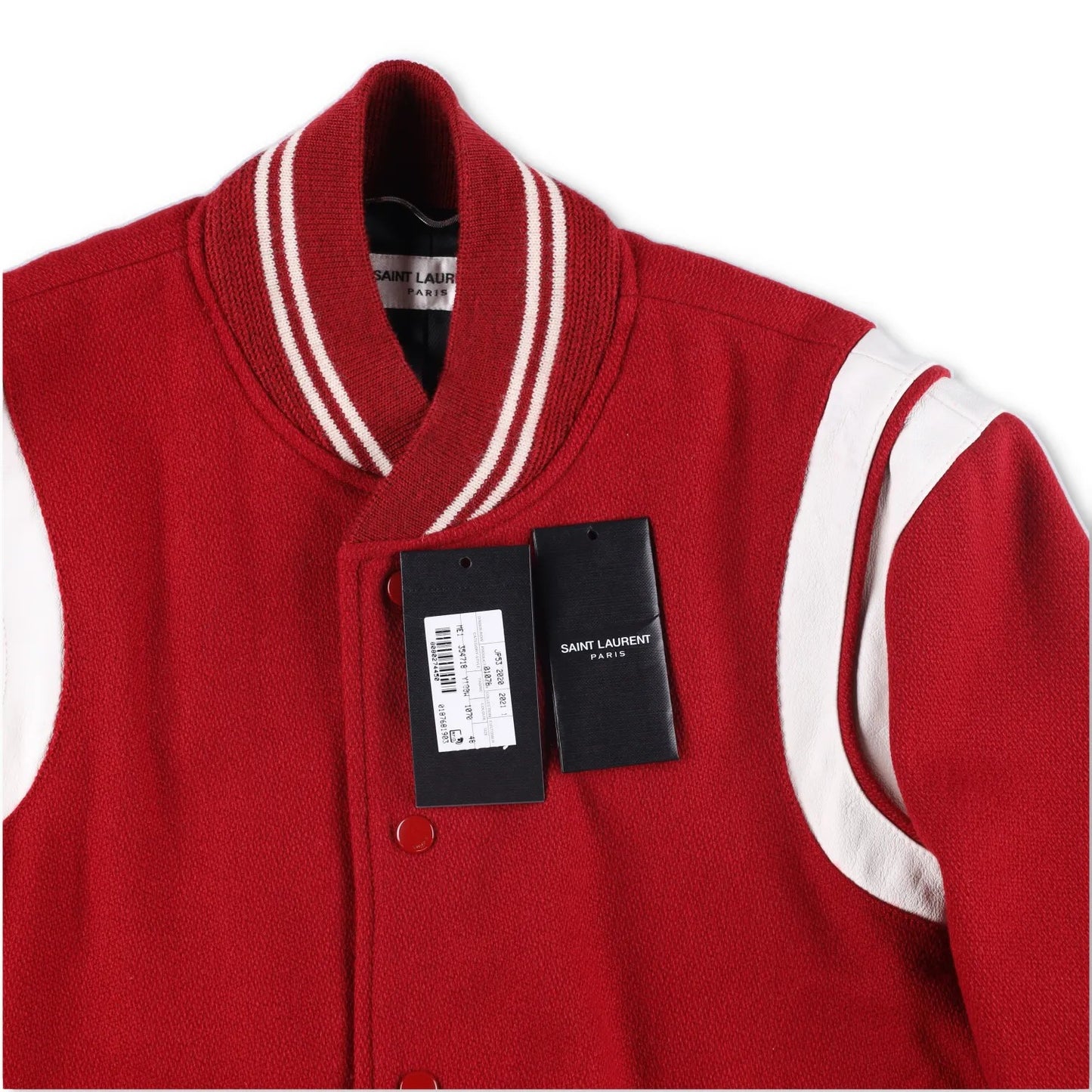 SAINT LAURENT Womens Varsity Jacket Red White Wool Snap Closure Size 48 RRP 2000 — View 9