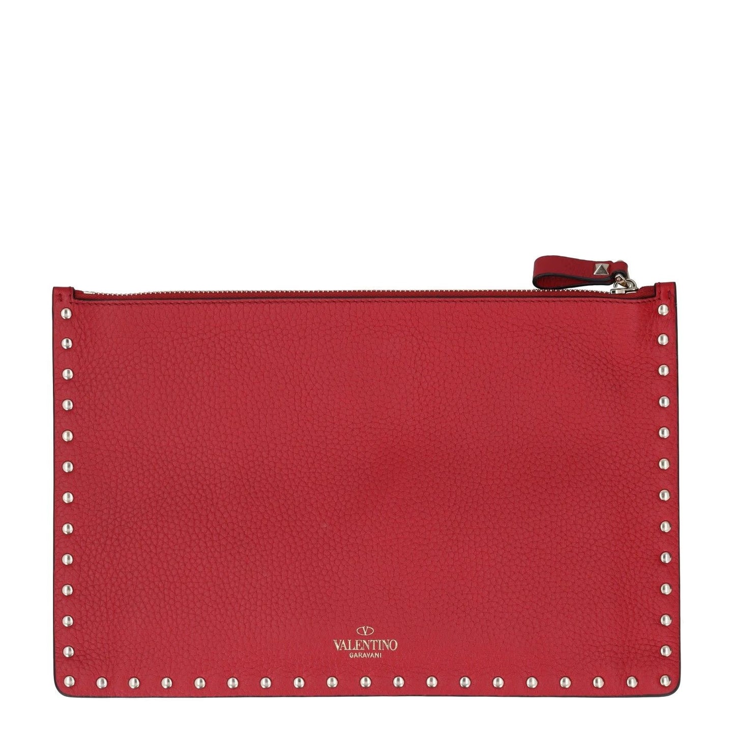 VALENTINO Womens Clutch Bag Red Leather Silver Studded Logo Size S RRP 700