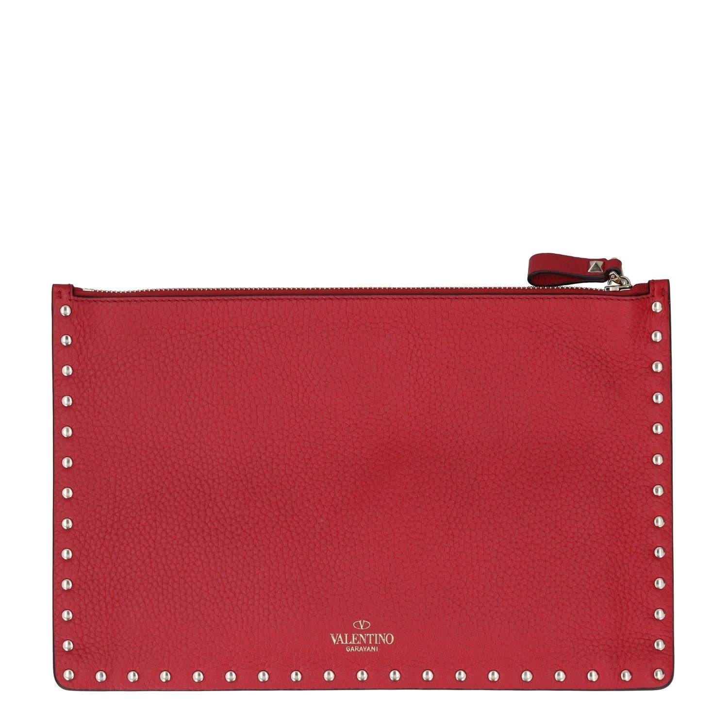 VALENTINO Womens Clutch Bag Red Leather Silver Studded Logo Size S RRP 700