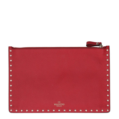 VALENTINO Womens Clutch Bag Red Leather Silver Studded Logo Size S RRP 700