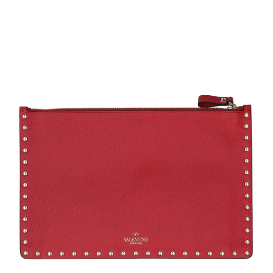 VALENTINO Womens Clutch Bag Red Leather Silver Studded Logo Size S RRP 700
