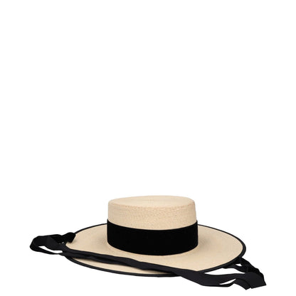 ELIURPI Womens Hat Beige Straw Boater Hat Black Strap Summer Size M RRP 300