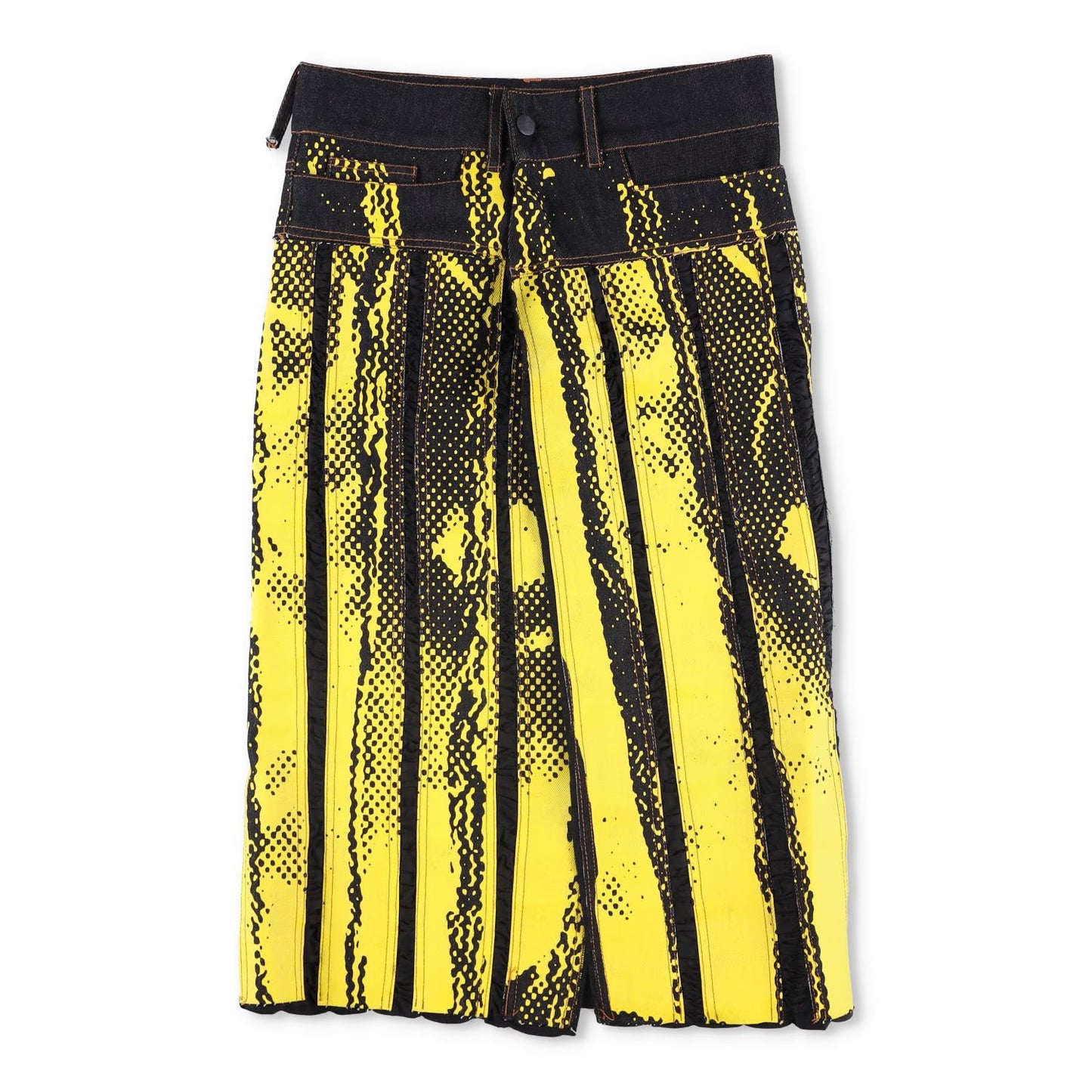 FEBEN Womens Charriot Biker Skirt Yellow Denim Button Striped Knee 34 RRP 1235